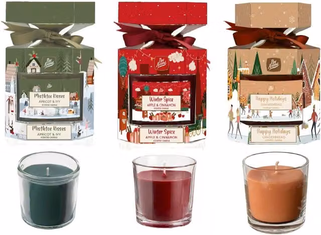 Pan Aroma Christmas Scented Candle Set with Gingerbread, Apricot, Ivy, Apple and Cinnamon Scents, 120g - Red, Green and Brown
