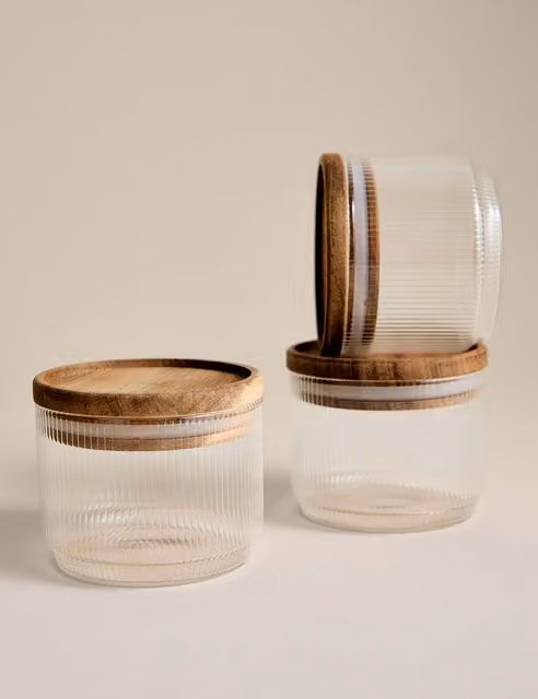 M&S Set of 3 Small Airtight Stacking Glass Storage Jars with Wood Lids, Clear