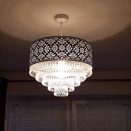 K LIVING Emily Easy Fit Chrome Pendant Shade with Five Tier Clear Acrylic Beaded Droplets – 1