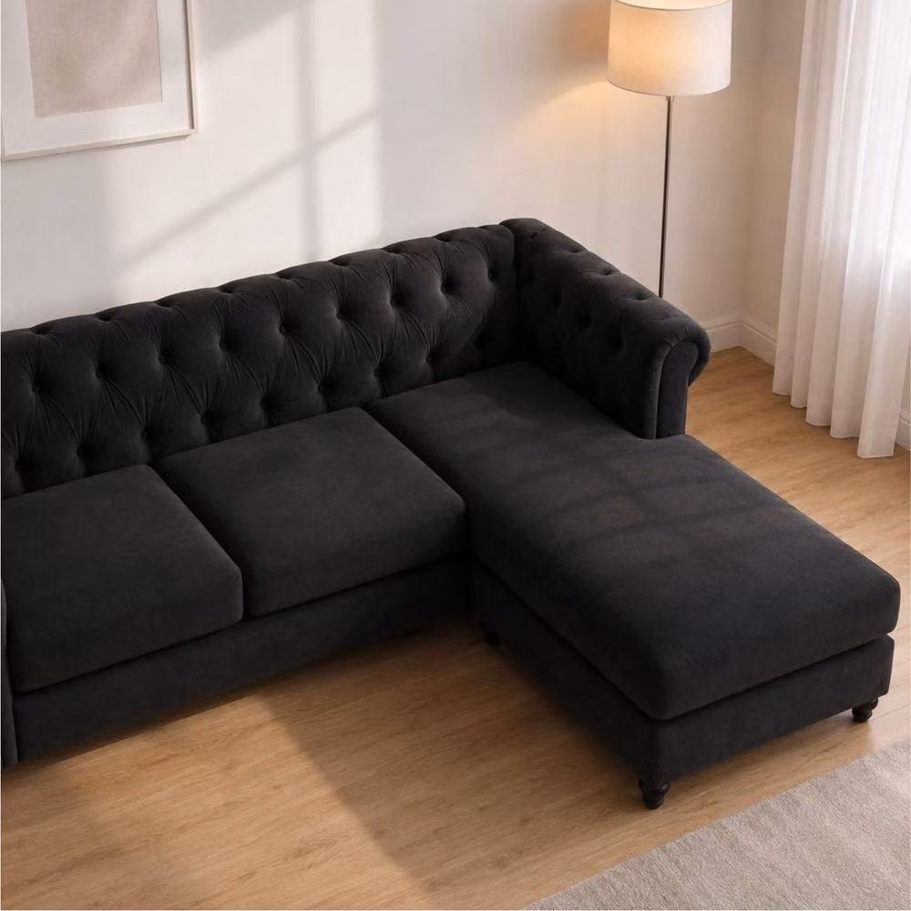 Sofaya Hampton 3 Seater L Shape Chesterfield Sofa in Black Velvet with Right Hand Chaise – 2