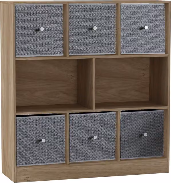URBNLIVING 8 Oak Cube Bookcase with 6 Light Grey Fabric Storage Drawer Inserts
