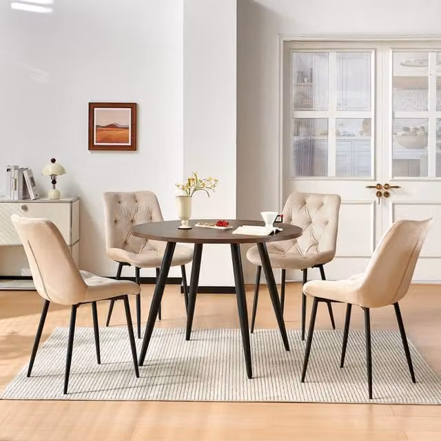 SONARA Modern Round 4 Seater Dining Set with Dark Walnut Wood Table and 4 Beige Velvet Chairs – 1