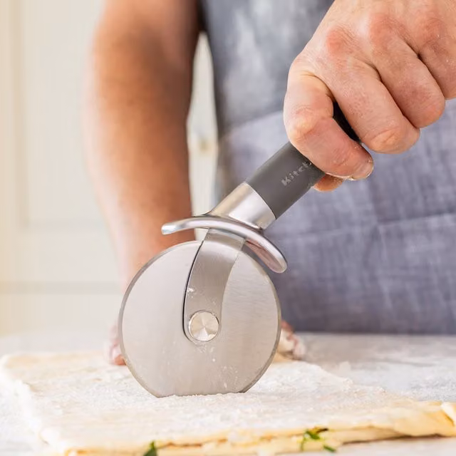 KitchenAid Pizza Cutter in Grey, Stainless Steel with Ergonomic Handle and Finger Guard