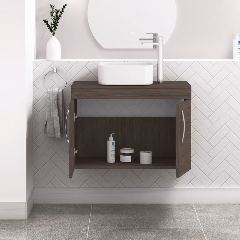 Royal Bathrooms Turin 800mm Wall Hung 2 Door Vanity Unit in Grey Elm with Countertop Basin and Soft Close Doors