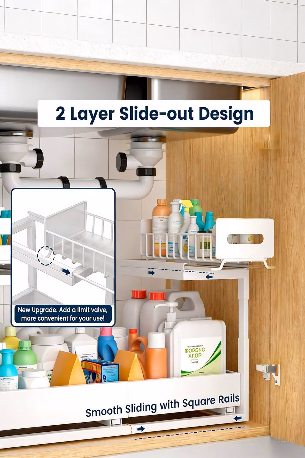 JANLEMNY Extendable 2-Tier Under Sink Organiser, White, Medium – 3