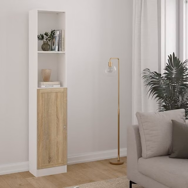 Furniture To Go Basic Tall Narrow Combination Storage Bookcase with 4 Shelves and Glass Door in White and Oak