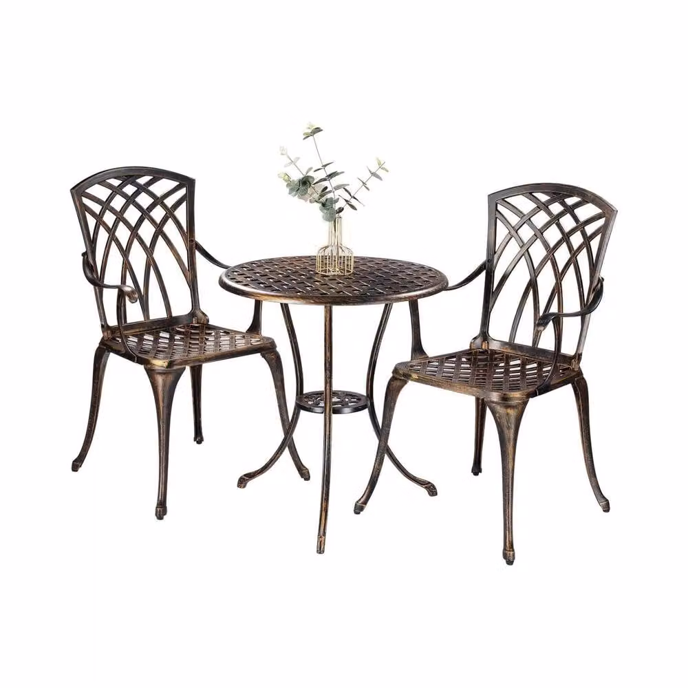 Home Source Brown Bistro Set with Lattice Table and 2 Chairs, Aluminium Metal Garden Furniture – 2