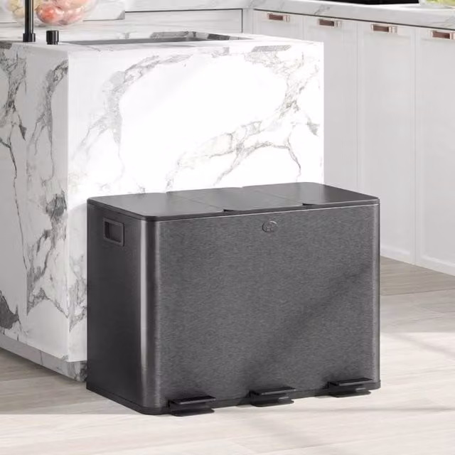 STILVORA Triple Pedal Bin, 3 x 20L, Black Stainless Steel with Soft Close and Odour Filter – 1