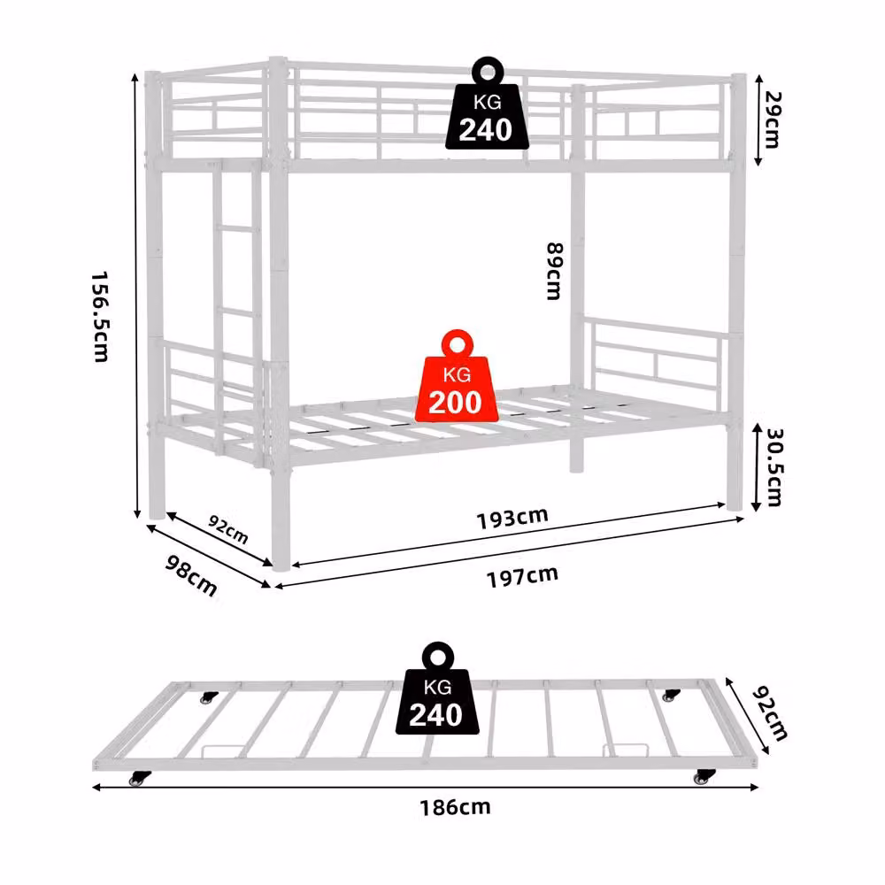 Direct Wicker White Metal Three-Layer Bunk Bed with Pull-Out Bed, Single Size – 2