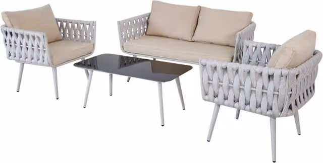 SHG Wilton Rope Design Aluminium 4 Seater Sofa Set in Grey, Cream and Beige