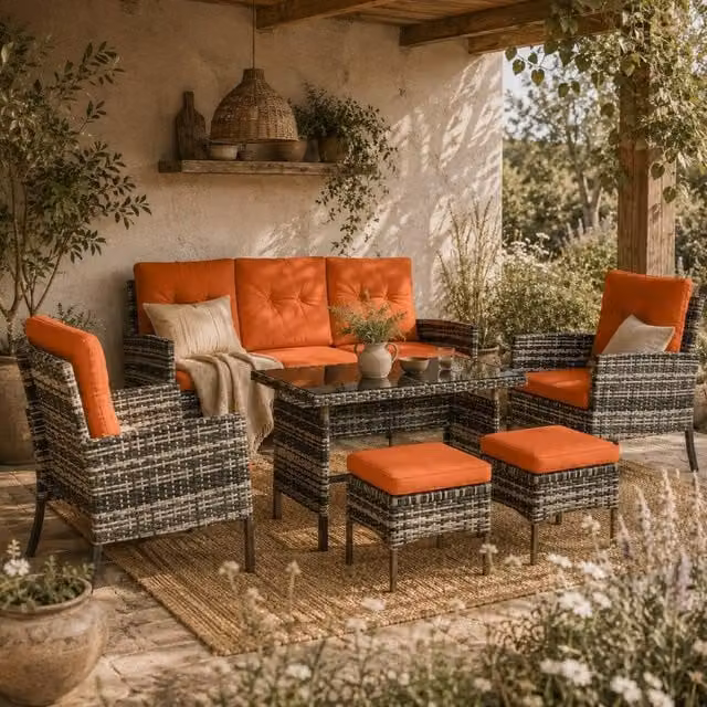 Wyld Haus Lodori 7 Seater Outdoor Dining Set with Grey Rattan and Orange Cushions and Glass Table – 1