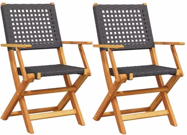 Berkfield Home Set of 2 Black Acacia Wood and Poly Rattan Garden Chairs