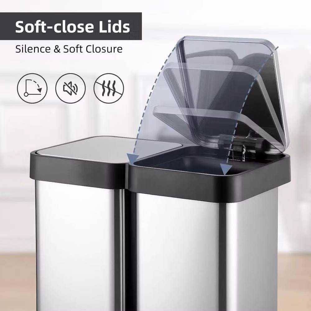 Ventryn 60L Dual Step Stainless Steel Kitchen Trash Can with Soft Close and Fingerprint Proof Finish in Silver – 3