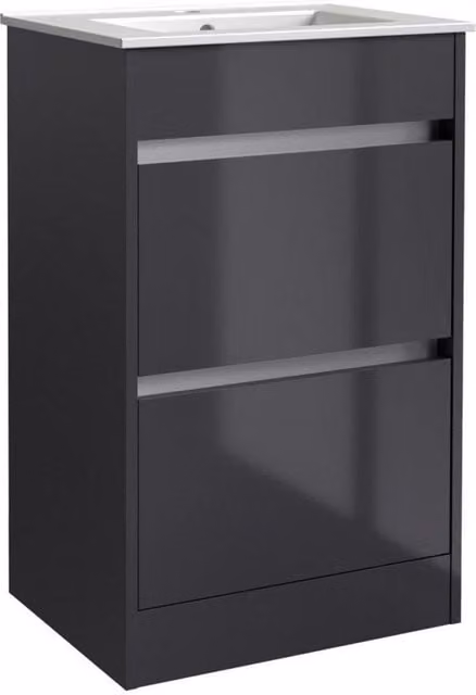 Clifton Grey Gloss Bathroom 2-Drawer Standing Unit with Basin, W: 500 mm, D: 380 mm, H: 830 mm