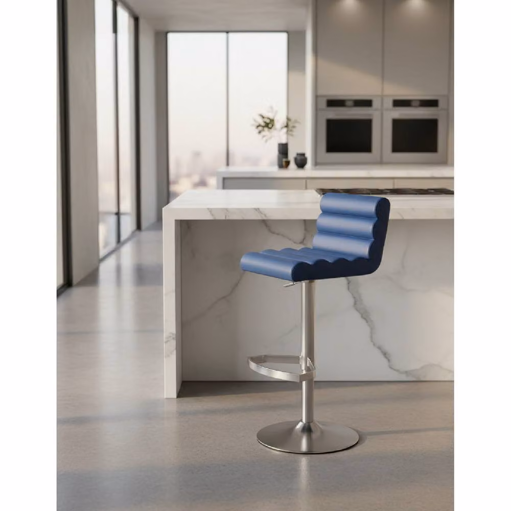 netfurniture Manitor Kitchen Bar Stool with Brushed Steel Finish and Blue Ribbed Faux Leather Swivel Seat – 2