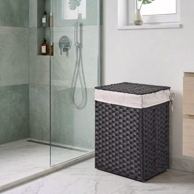 Wyld and Coco Wicker Laundry Basket with Lid and Removable Liner, 83L, Black – 1