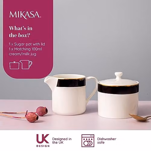 Mikasa Luxe Deco White and Gold Geometric Bone China Sugar and Creamer Set, 2 Piece – 2