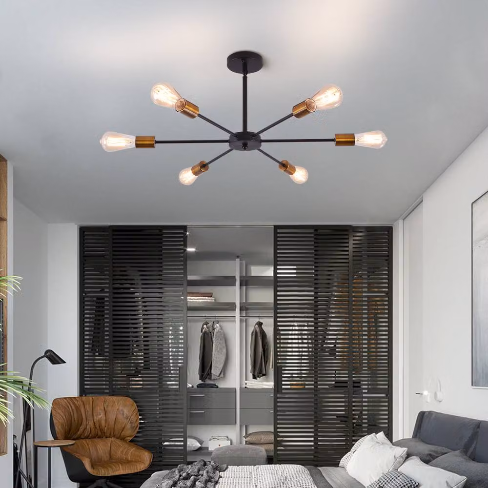 NIVOR 6-Light Sputnik Industrial Mid-Century Flush Mount Ceiling Chandelier in Black and Gold/Brass – 4