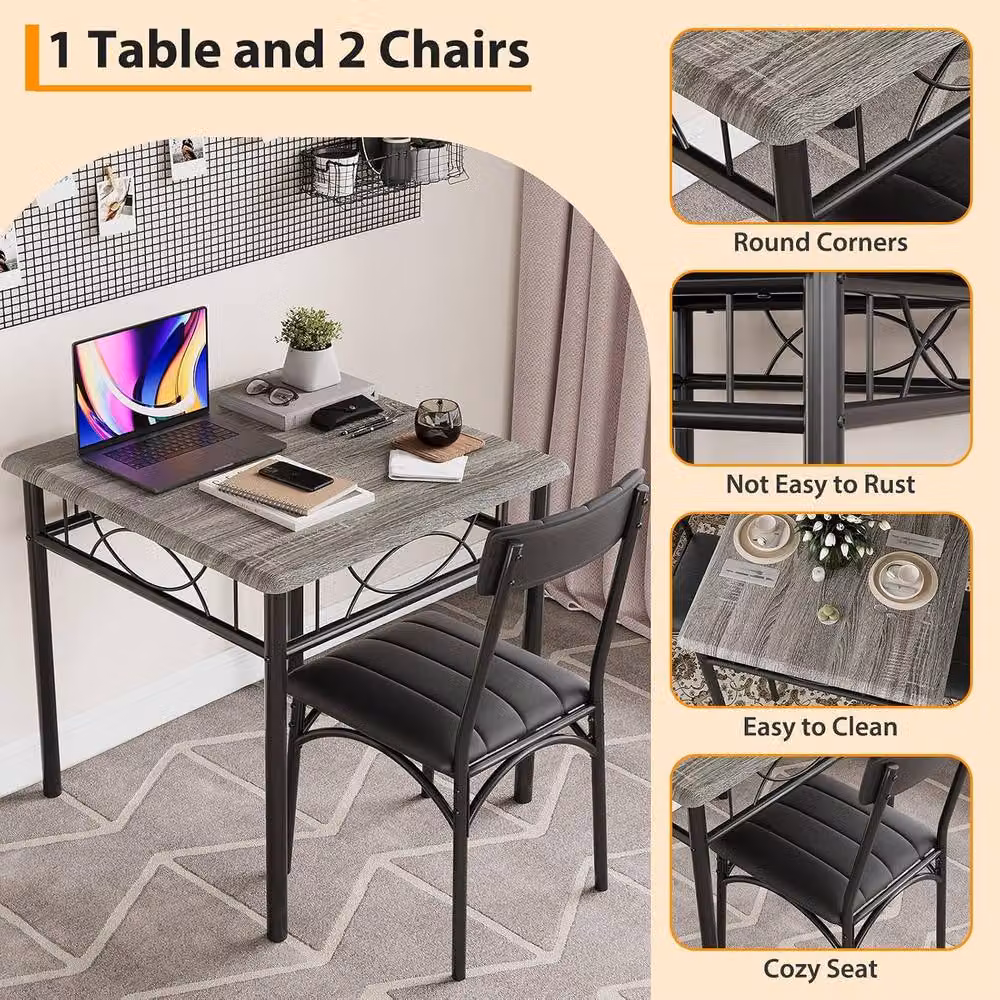 London Boutique 3-Piece Grey Rectangular Dining Table and 2 Chairs Set – 4