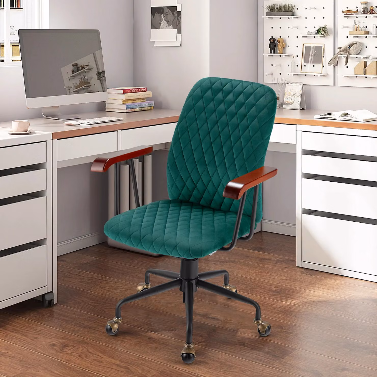 Costway Green Velvet Swivel Task Chair with Adjustable Height and Castors for Home Office – 2