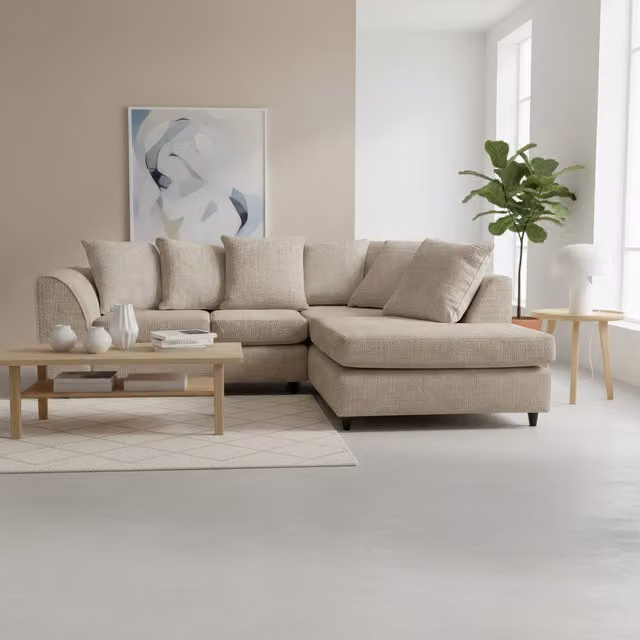 Abakus Direct Jumbo L-Shape Corner Sofa in Soft Chenille with Plush Chaise Extension, Right-Hand Facing, Beige