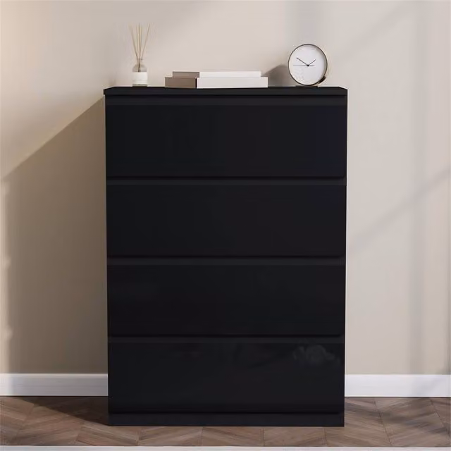 EONLION Modern Glossy Black 4 Drawer Chest of Drawers