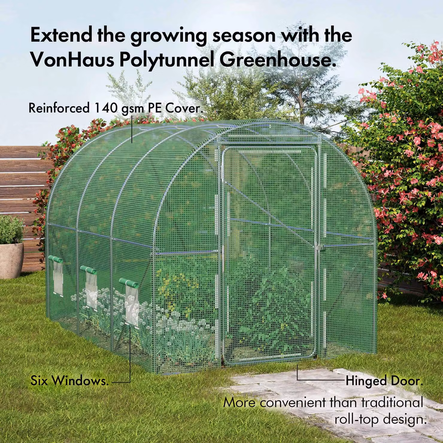 VonHaus Green Walk In Polytunnel Greenhouse with Hinged Window and Galvanised Steel Frame – 2