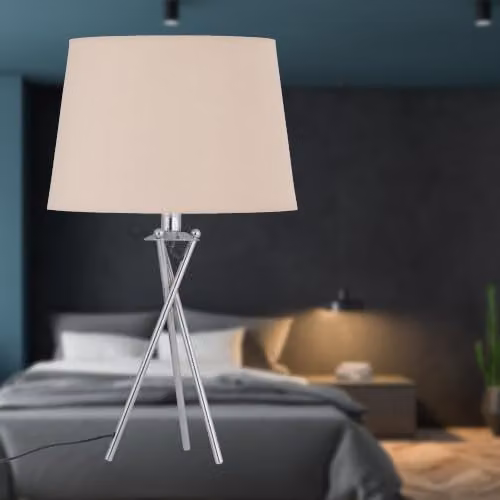 First Choice Lighting Set of 2 Silver Chrome Tripod Table Lamps with Beige Fabric Shades – 3