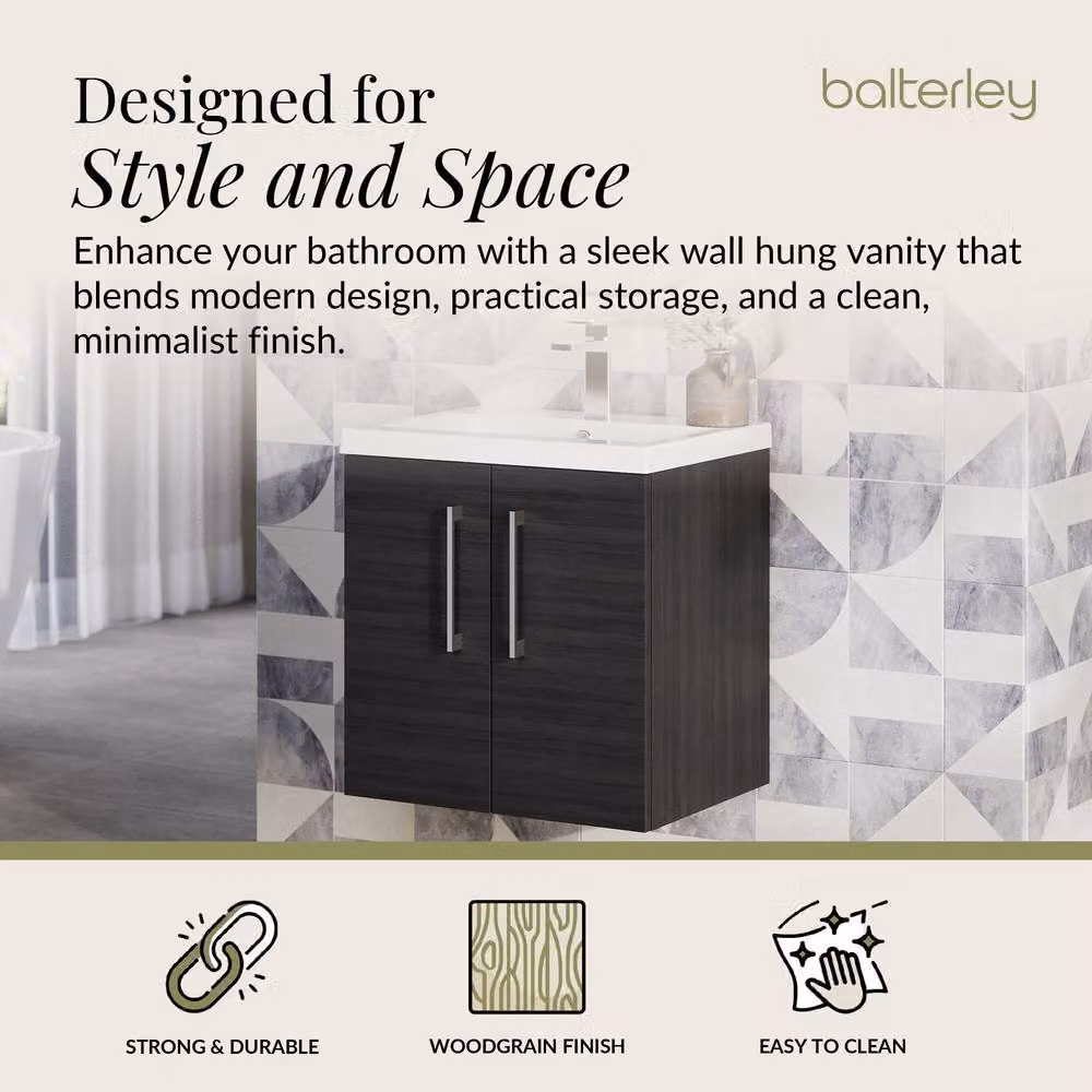 Balterley Contemporary Wall Hung Bathroom Vanity Unit with Mid-Edge Basin, Charcoal Black, W: 50 x D: 39 x H: 57.9 cm – 2