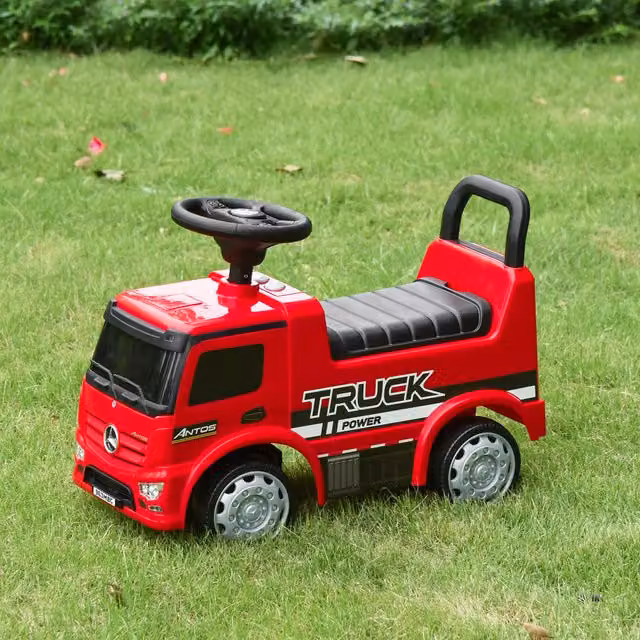 HOMCOM Red Ride-On Mercedes Truck with Slider Storage and Push Handle for 12-36 Months