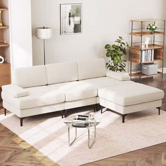 Dprodo 4 Seater L-Shape Corner Sofa Set in Beige Chenille Fabric