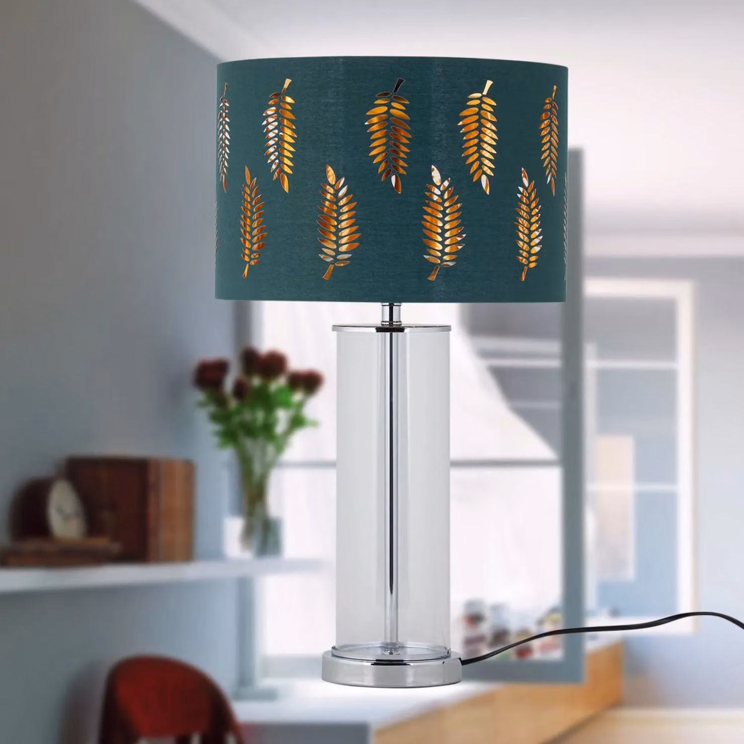 First Choice Lighting Aura Chrome Table Lamp with Green Fern Cut Out Silver Inner Shade – 5