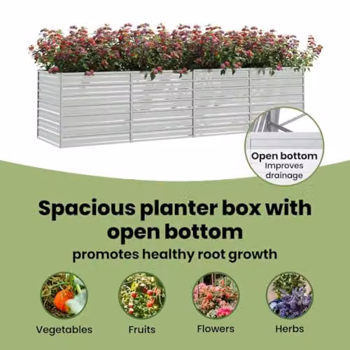 vidaXL Galvanised Steel Raised Garden Bed, Silver, W: 320 cm, D: 80 cm, H: 77 cm – 4