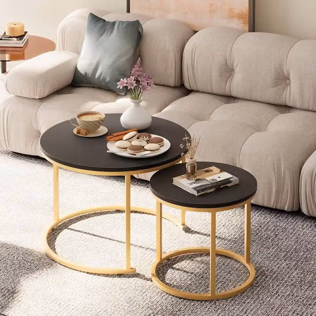 Huhote Round Nesting Coffee Table Set of 2 with Black Metal Frame