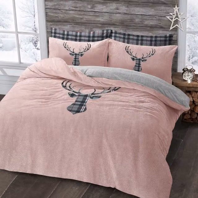 Velosso Stag Head Teddy Warm and Cosy Duvet Cover and Pillowcase Set, Pink, Single, W: 90 cm, L: 200 cm