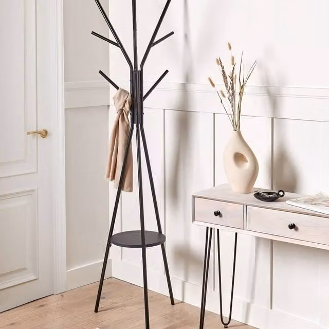 Wyld and Coco 9-Hook Coat Stand in Black Matt Metal with MDF Shelf, Height: 181 cm – 1