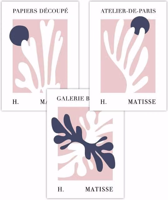 ARTZE Set of 3 Matisse Floral Cut Out Style Art Posters in Blue, Pink and Dusty Pink, W: 50 cm, H: 70 cm