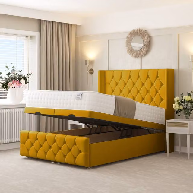 Bed Choices Deluxe Ottoman Upholstered Divan Bed with 54 inch Headboard in Yellow Velvet, Size: Small Double, W/D/H: 120 x 200 cm