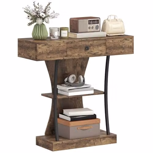 HOMCOM 3-Tier Industrial Console Table with Drawer in Brown and Black, W/D/H: 91 x 32 x 87 cm – 1