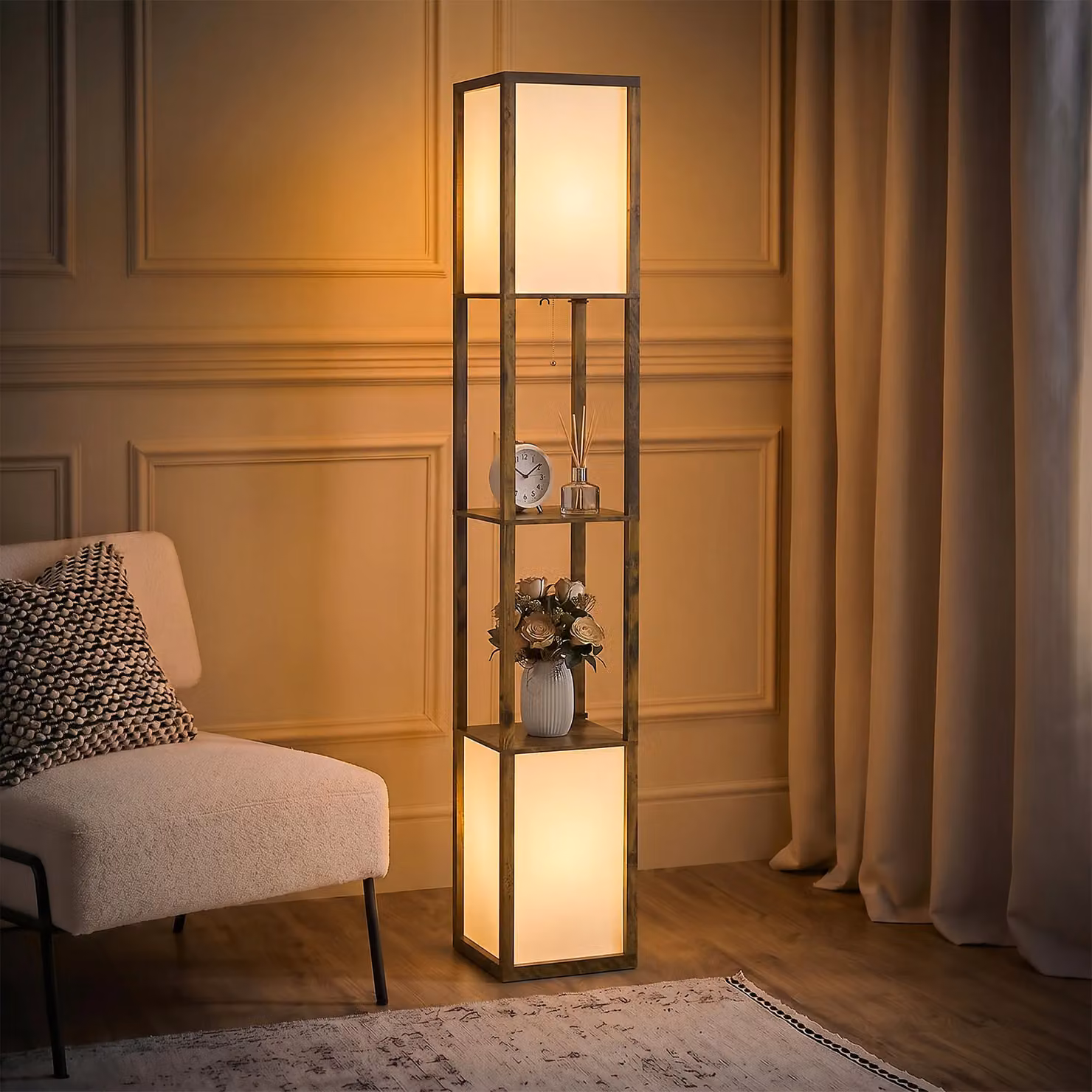 HOMCOM Modern Brown Wood Shelf Floor Lamp with Dual Up and Down Lighting for Living Room or Bedroom – 2