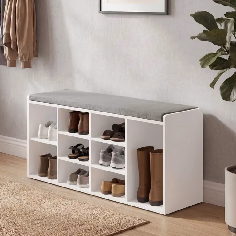 White Modern Shoe Storage Bench Cabinet with Fabric Seat for Hallways, W/D/H: 100 x 30 x 48 cm