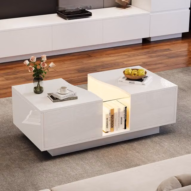 Aosom UK Modern White High Gloss Coffee Table with 2 Storage Drawers and Customisable LED Lights, W: 100 cm, D: 50 cm, H: 35 cm – 1