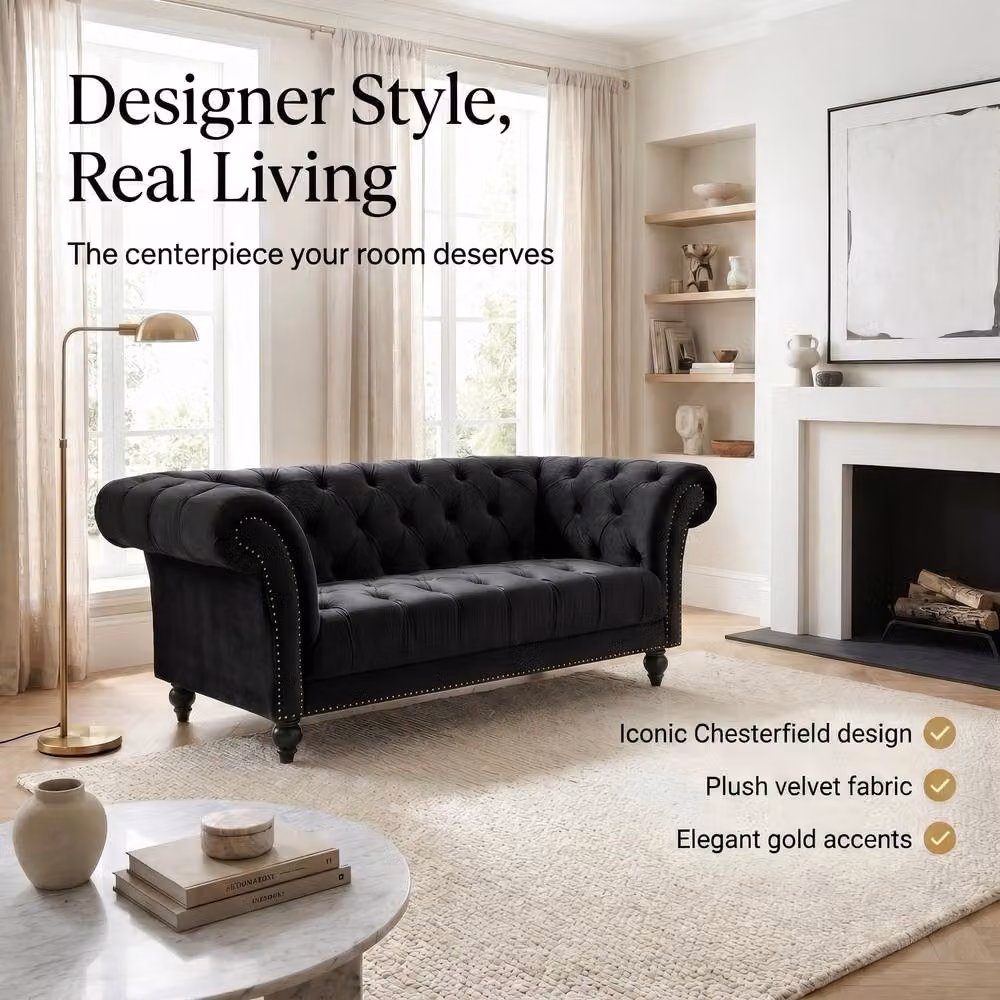 Bravich LTD Chesterfield 1 Seater Velvet Sofa in Black with Buttoned Back and Rolled Arms – 3