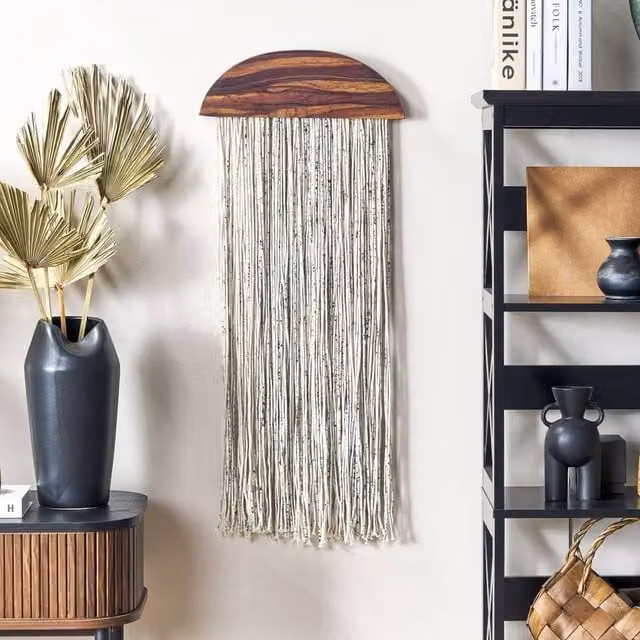 Wyld and Coco Boho Poplar Wood and Cotton Tassel Wall Hanging, Brown, W/D/H: 37 x 4 x 92 cm