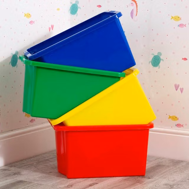 Wham Stack & Store 35L Solid Plastic Storage Boxes, 4 Pack, Multicolour, Stackable with Handles – 1