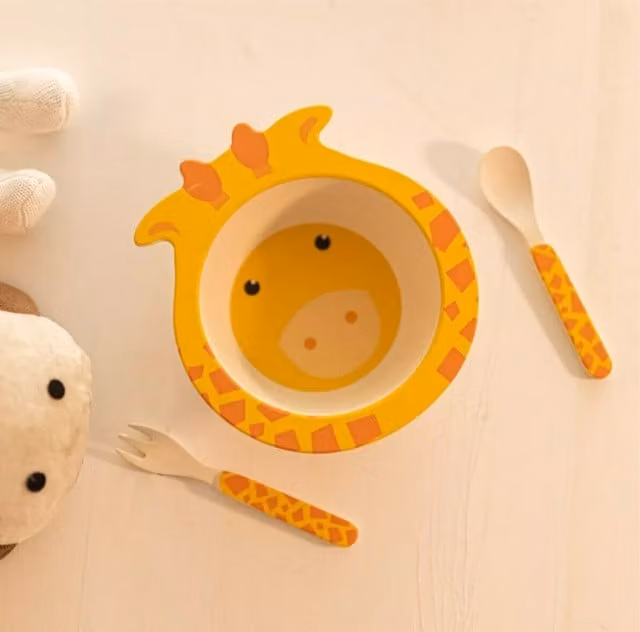 Marco Paul 3-Piece Childrens Bamboo Wood Dinner Service in Orange and Yellow