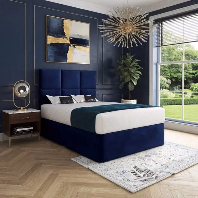 KDMD Itchen Blue Velvet Upholstered Designer Bed Frame with Floorstanding Headboard and Drawers, W/D/H: 140 x 200 cm