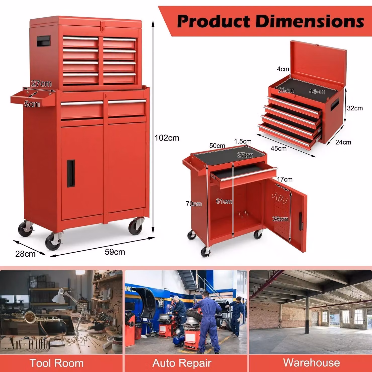 Costway 5-Drawer Rolling Tool Chest Metal Storage Cabinet with Lockable Wheels in Red – 2