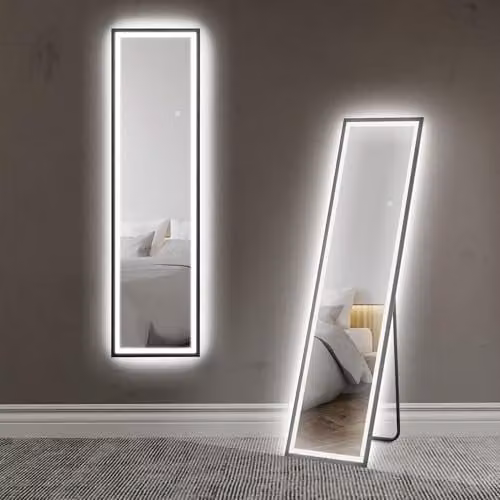 HOMCOM Full Length Free Standing Mirror with Dimmable LED Lights, Black, H 150 cm x W 40 cm