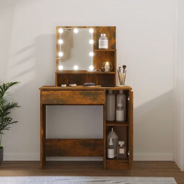 Berkfield Home Dressing Table with LED in Smoked Oak Brown, W: 86.5 cm, D: 35 cm, H: 136 cm – 1